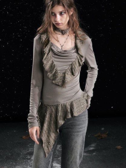 Cest Nous Edgy Punk Flared Hem Patchwork Women Commute Long Sleeve Lyocell Spandex Blouse