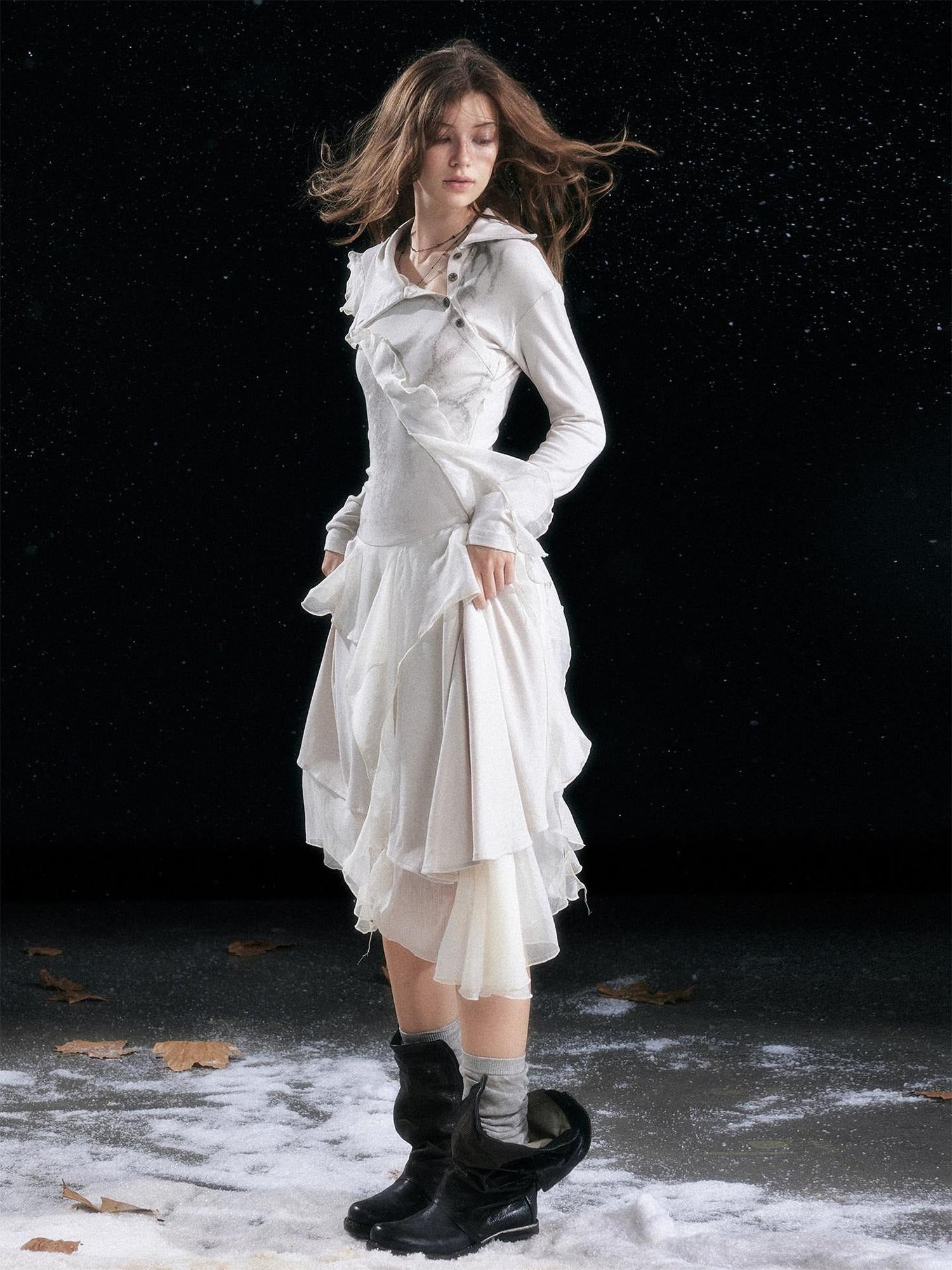 Cest Nous Edgy Punk Irregular Hem Printed Rayon Patchwork Slim Fit Ladies Midi Dresses