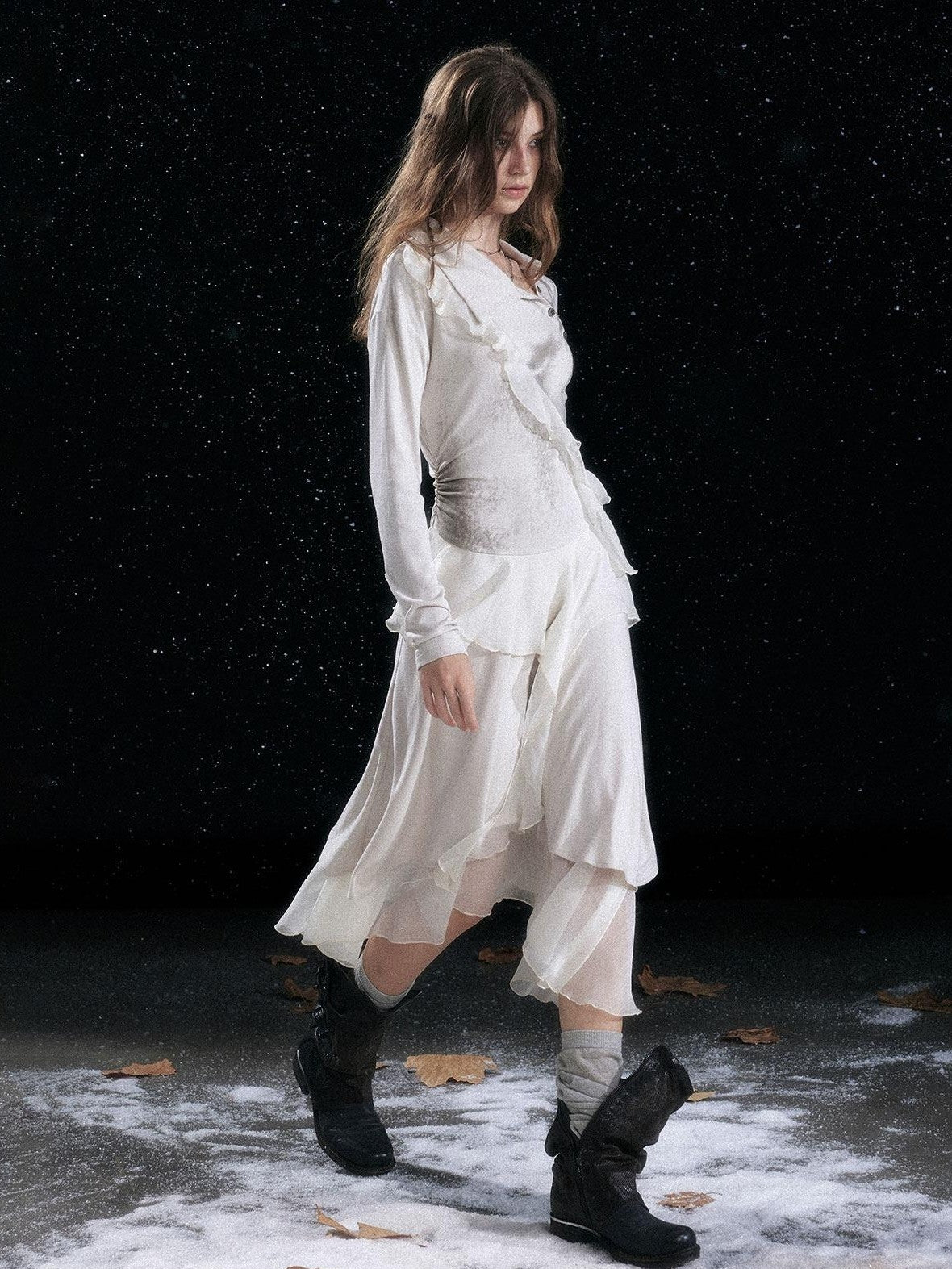 Cest Nous Edgy Punk Irregular Hem Printed Rayon Patchwork Slim Fit Ladies Midi Dresses