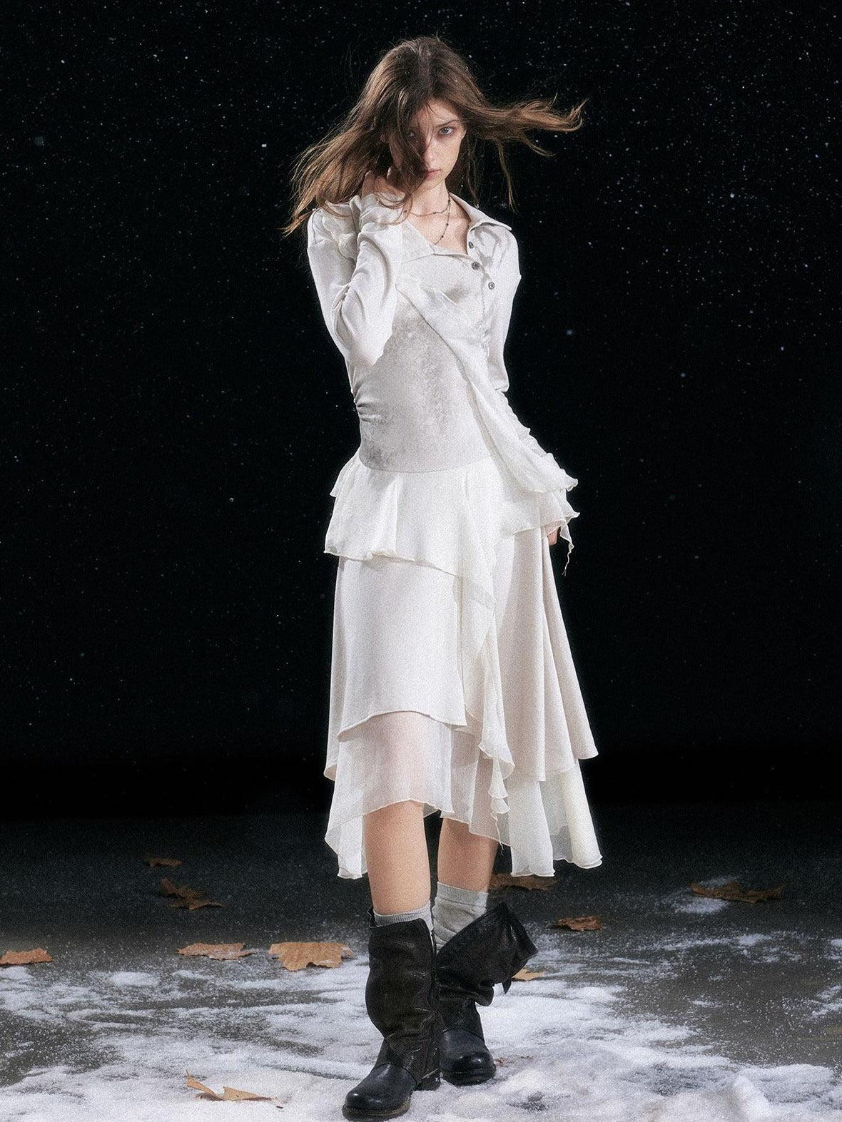 Cest Nous Edgy Punk Irregular Hem Printed Rayon Patchwork Slim Fit Ladies Midi Dresses