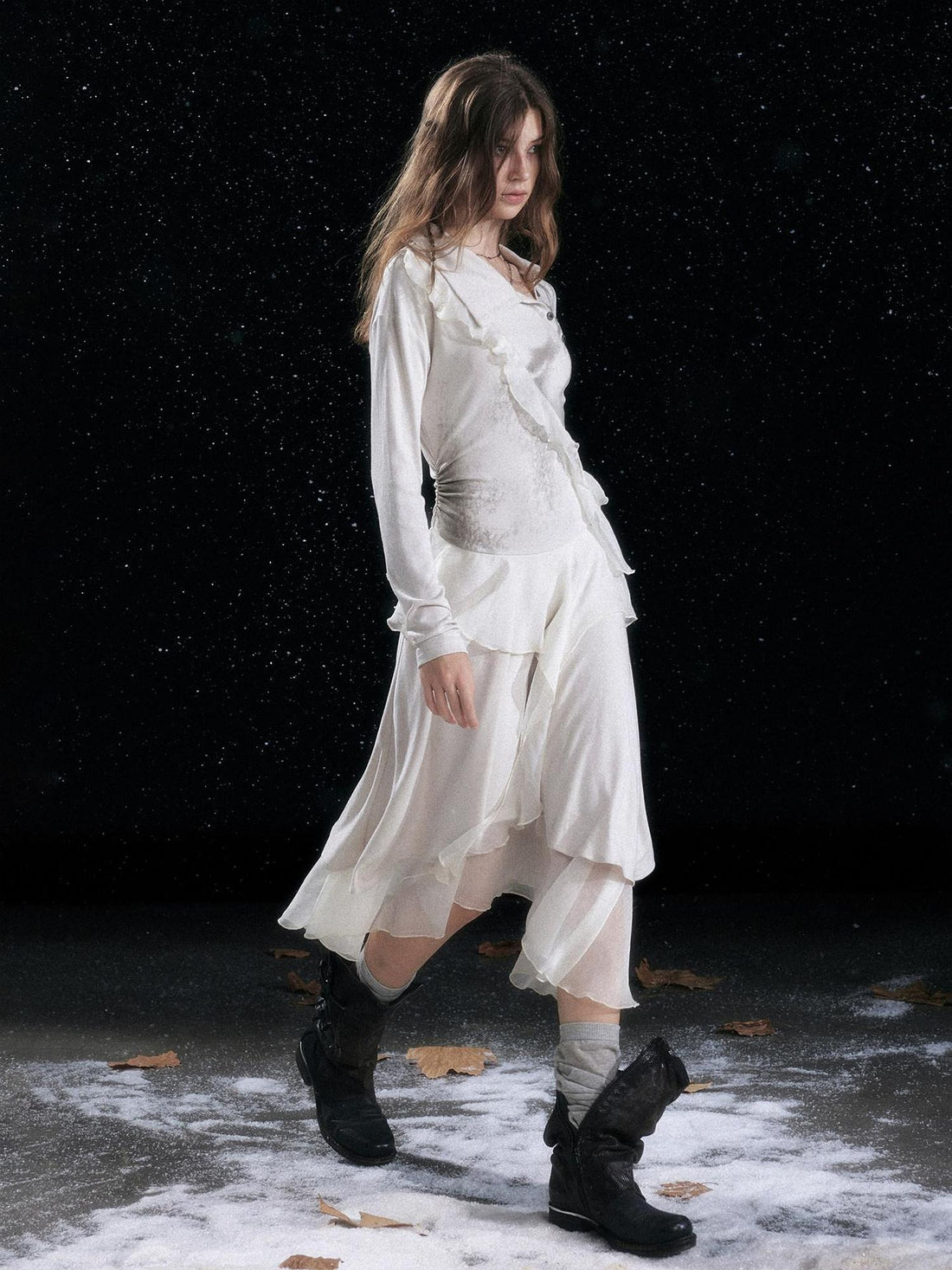 Cest Nous Edgy Punk Irregular Hem Printed Rayon Patchwork Slim Fit Ladies Midi Dresses