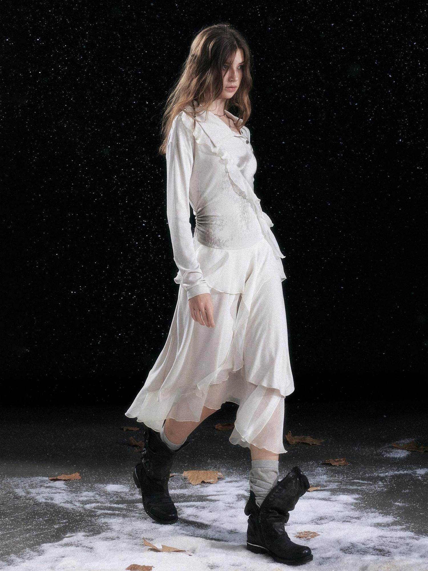 Cest Nous Edgy Punk Irregular Hem Printed Rayon Patchwork Slim Fit Ladies Midi Dresses