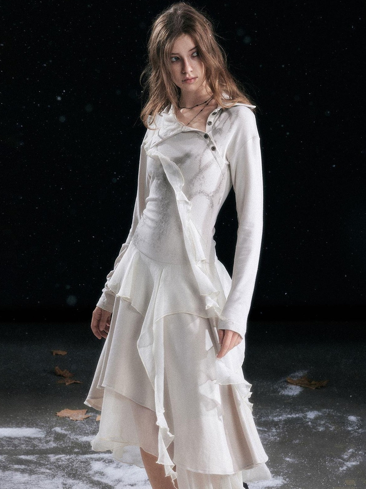 Cest Nous Edgy Punk Irregular Hem Printed Rayon Patchwork Slim Fit Ladies Midi Dresses