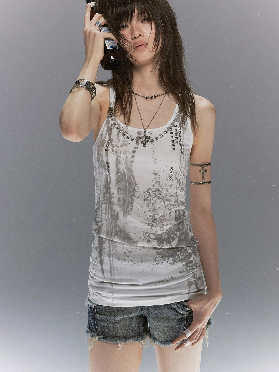 Cest Nous Feather Chain Metal Buckle Mottled Print Slim Fit Women&