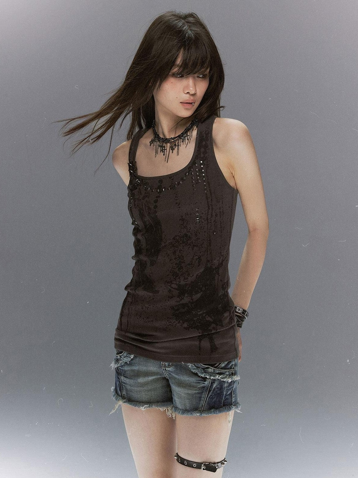 Cest Nous Feather Chain Metal Buckle Mottled Print Slim Fit Women&