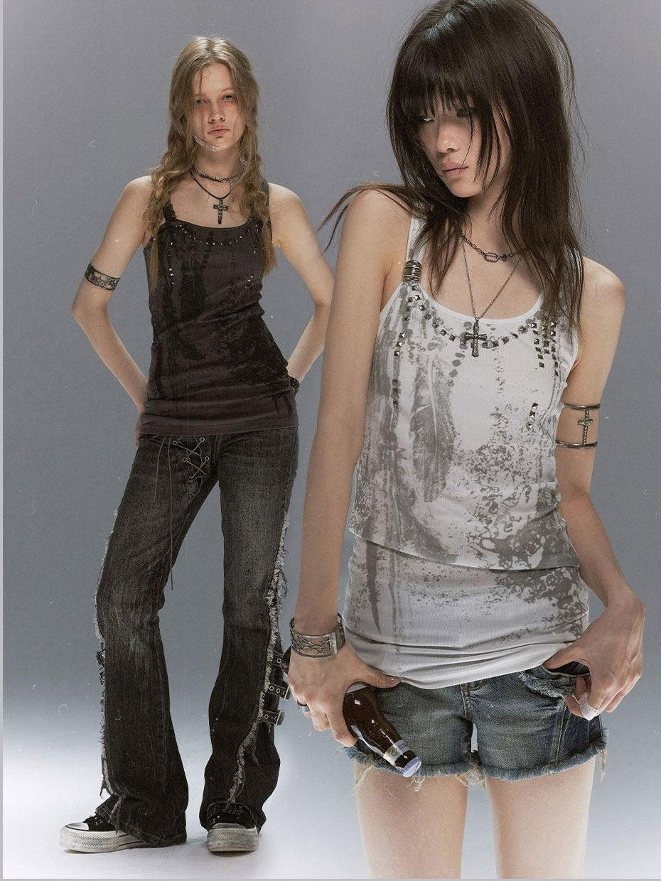 Cest Nous Feather Chain Metal Buckle Mottled Print Slim Fit Women&