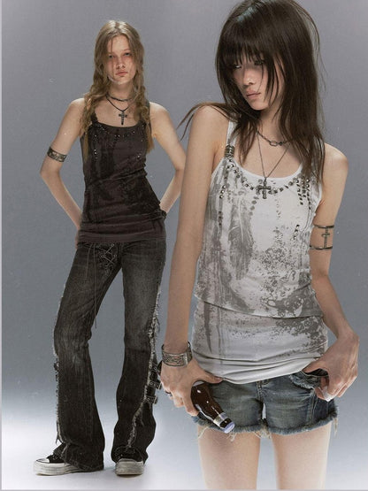 Cest Nous Feather Chain Metal Buckle Mottled Print Slim Fit Women&