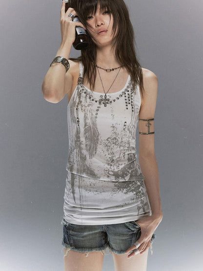 Cest Nous Feather Chain Metal Buckle Mottled Print Slim Fit Women&