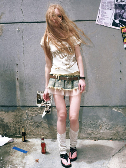 Cest Nous Frayed Asymmetric Graffiti V-neck Women&
