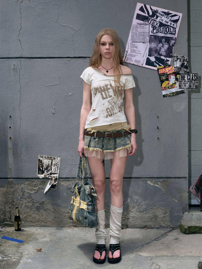 Cest Nous Frayed Asymmetric Graffiti V-neck Women&