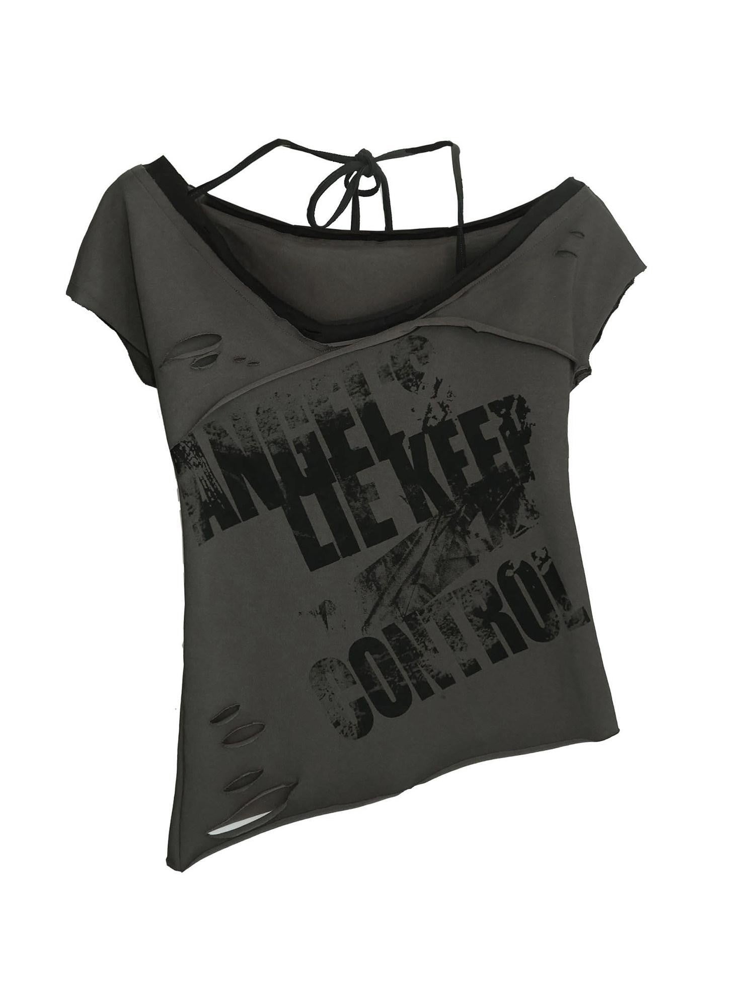 Cest Nous Frayed Asymmetric Graffiti V-neck Women&