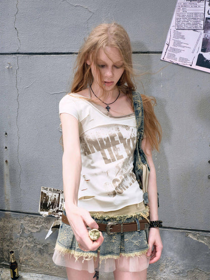 Cest Nous Frayed Asymmetric Graffiti V-neck Women&