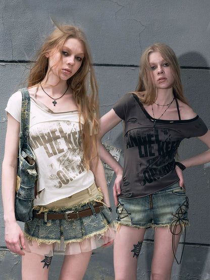 Cest Nous Frayed Asymmetric Graffiti V-neck Women&