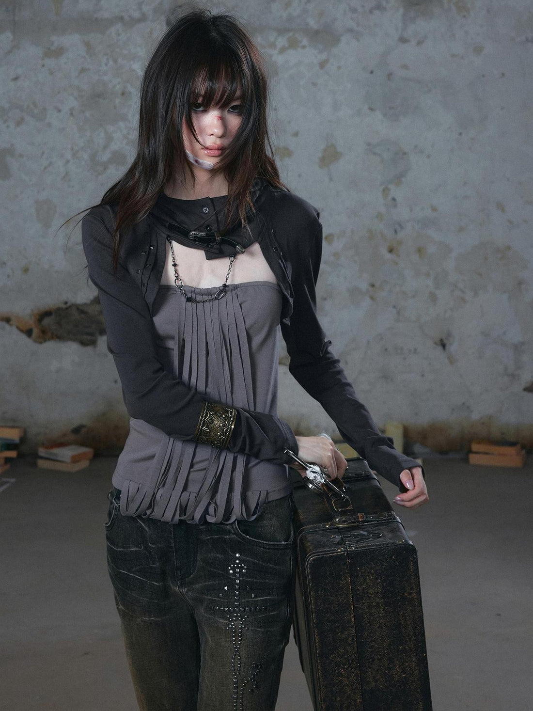 Cest Nous Fringed Studded Distressed Hooded Long Sleeve Two Piece Women&