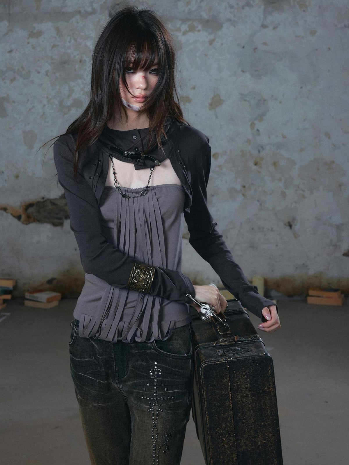 Cest Nous Fringed Studded Distressed Hooded Long Sleeve Two Piece Women&