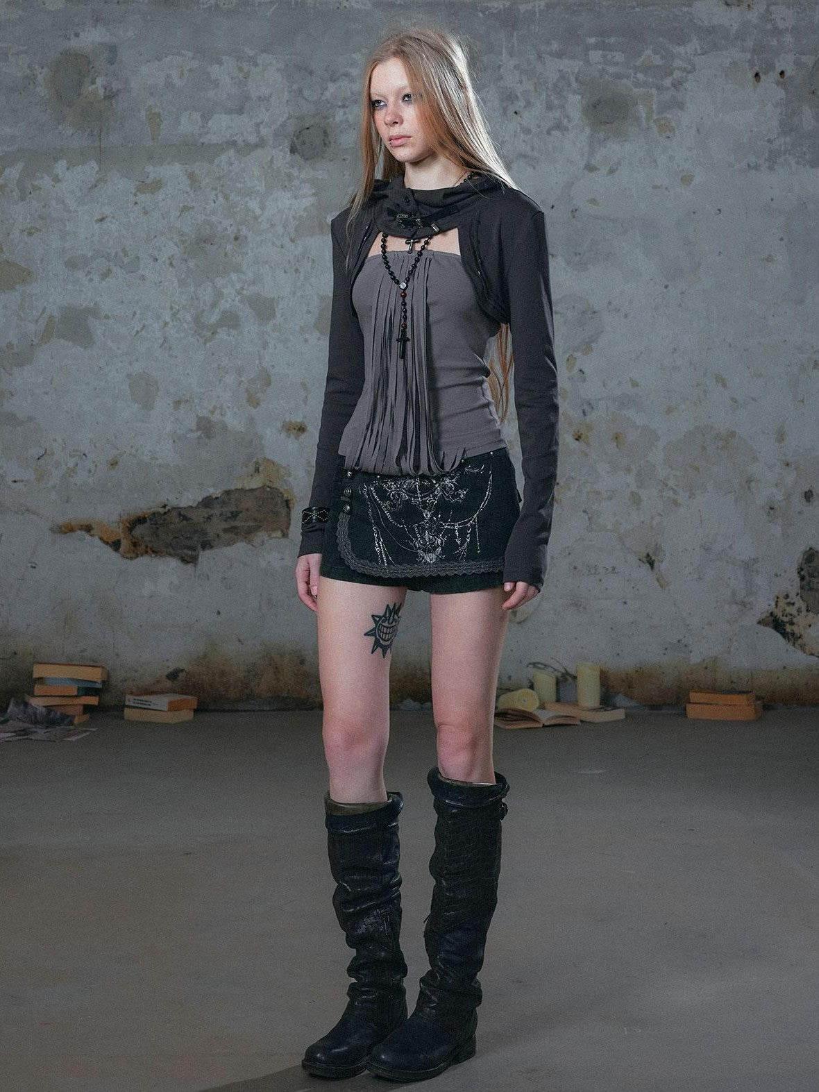 Cest Nous Fringed Studded Distressed Hooded Long Sleeve Two Piece Women&
