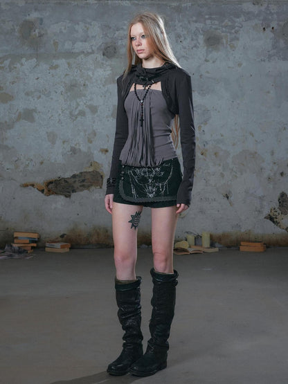 Cest Nous Fringed Studded Distressed Hooded Long Sleeve Two Piece Women&