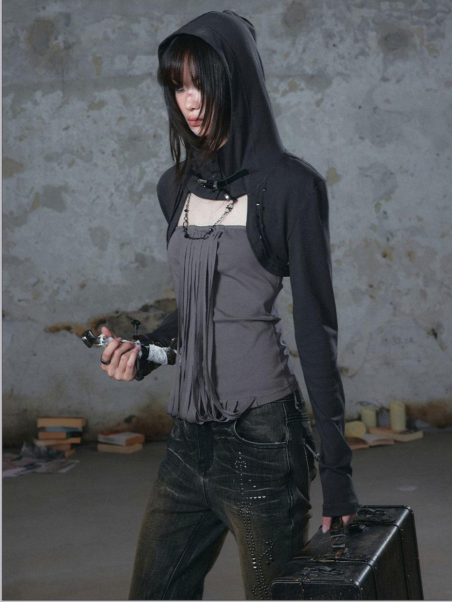 Cest Nous Fringed Studded Distressed Hooded Long Sleeve Two Piece Women&