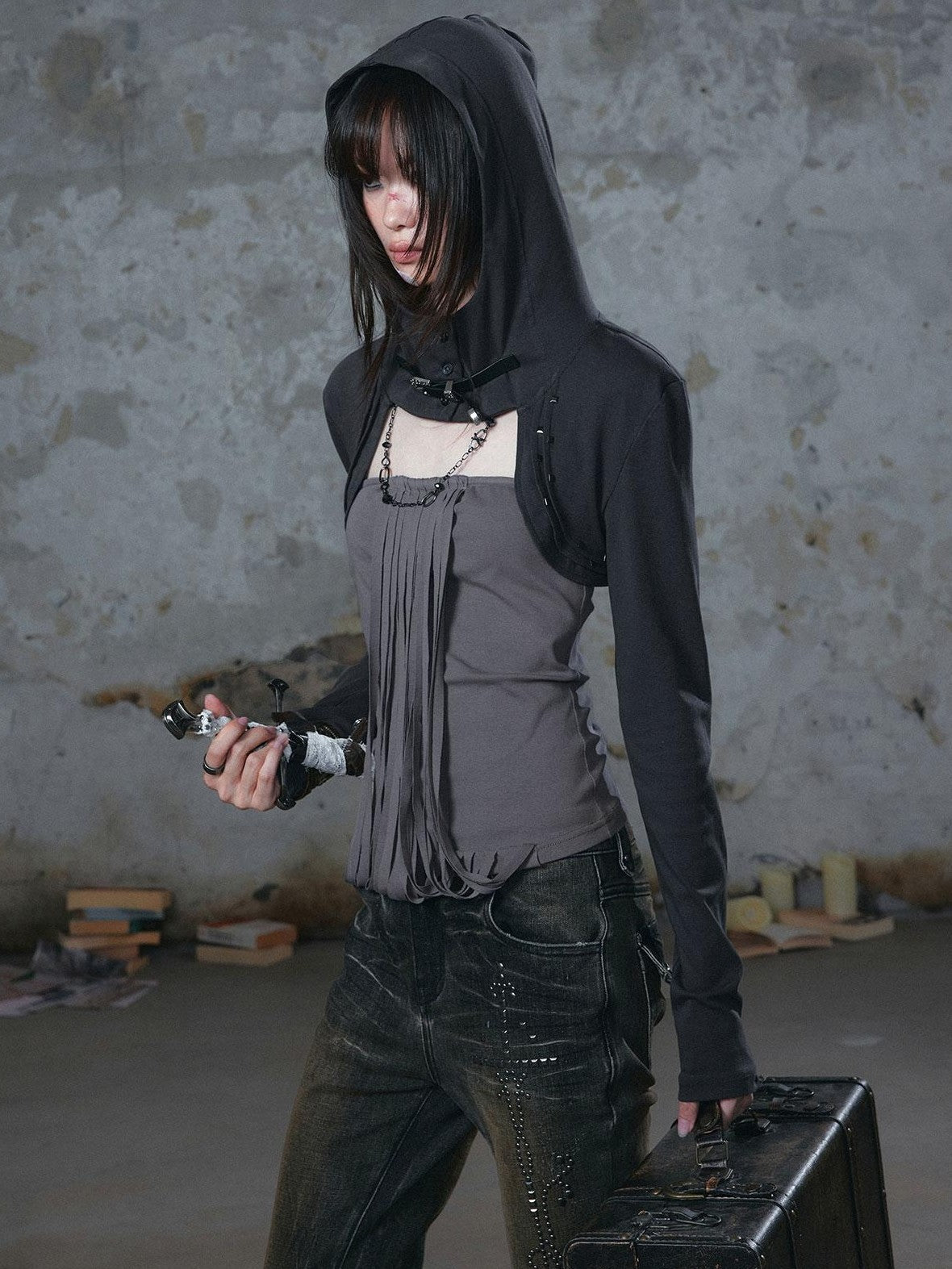 Cest Nous Fringed Studded Distressed Hooded Long Sleeve Two Piece Women&