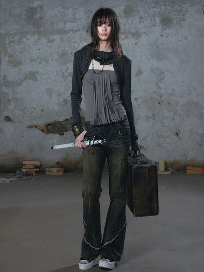 Cest Nous Fringed Studded Distressed Hooded Long Sleeve Two Piece Women&