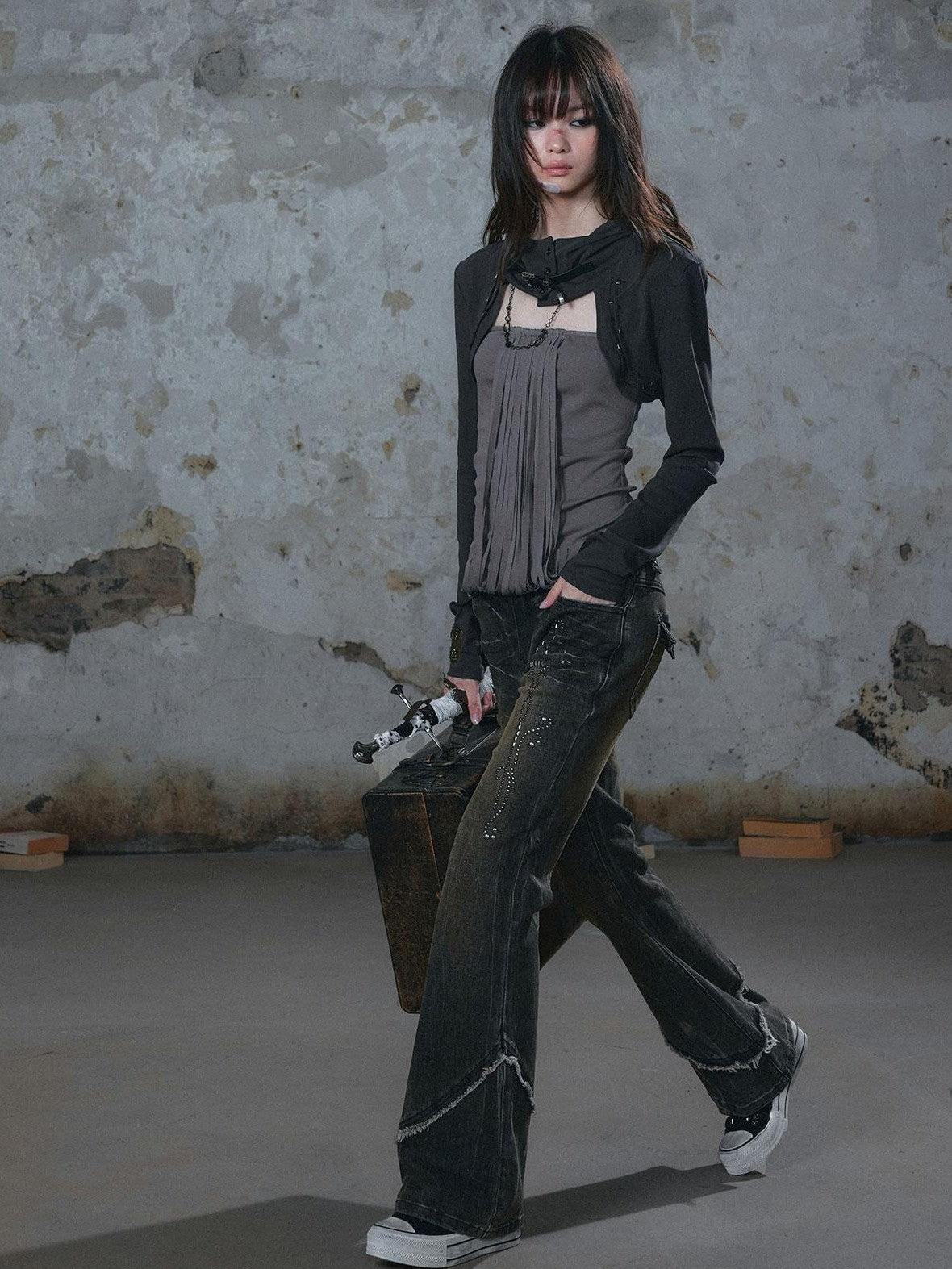 Cest Nous Fringed Studded Distressed Hooded Long Sleeve Two Piece Women&