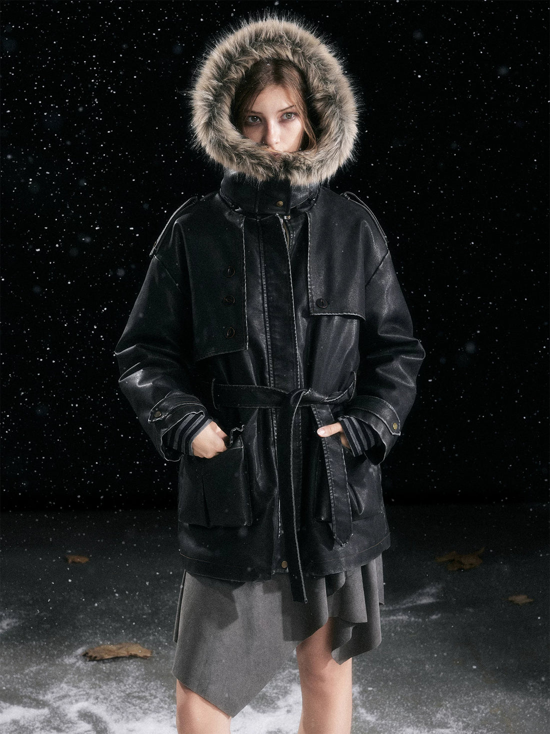 Cest Nous Fur Collar Hooded Utility Distressed Women&