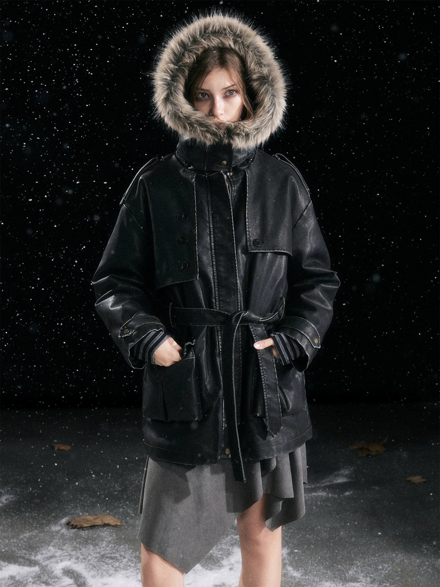 Cest Nous Fur Collar Hooded Utility Distressed Women&