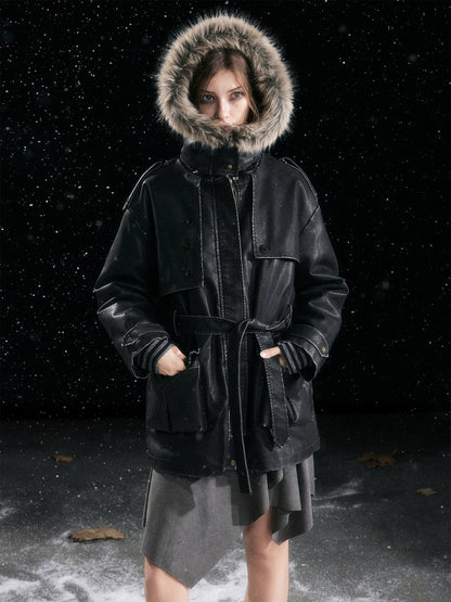 Cest Nous Fur Collar Hooded Utility Distressed Women&