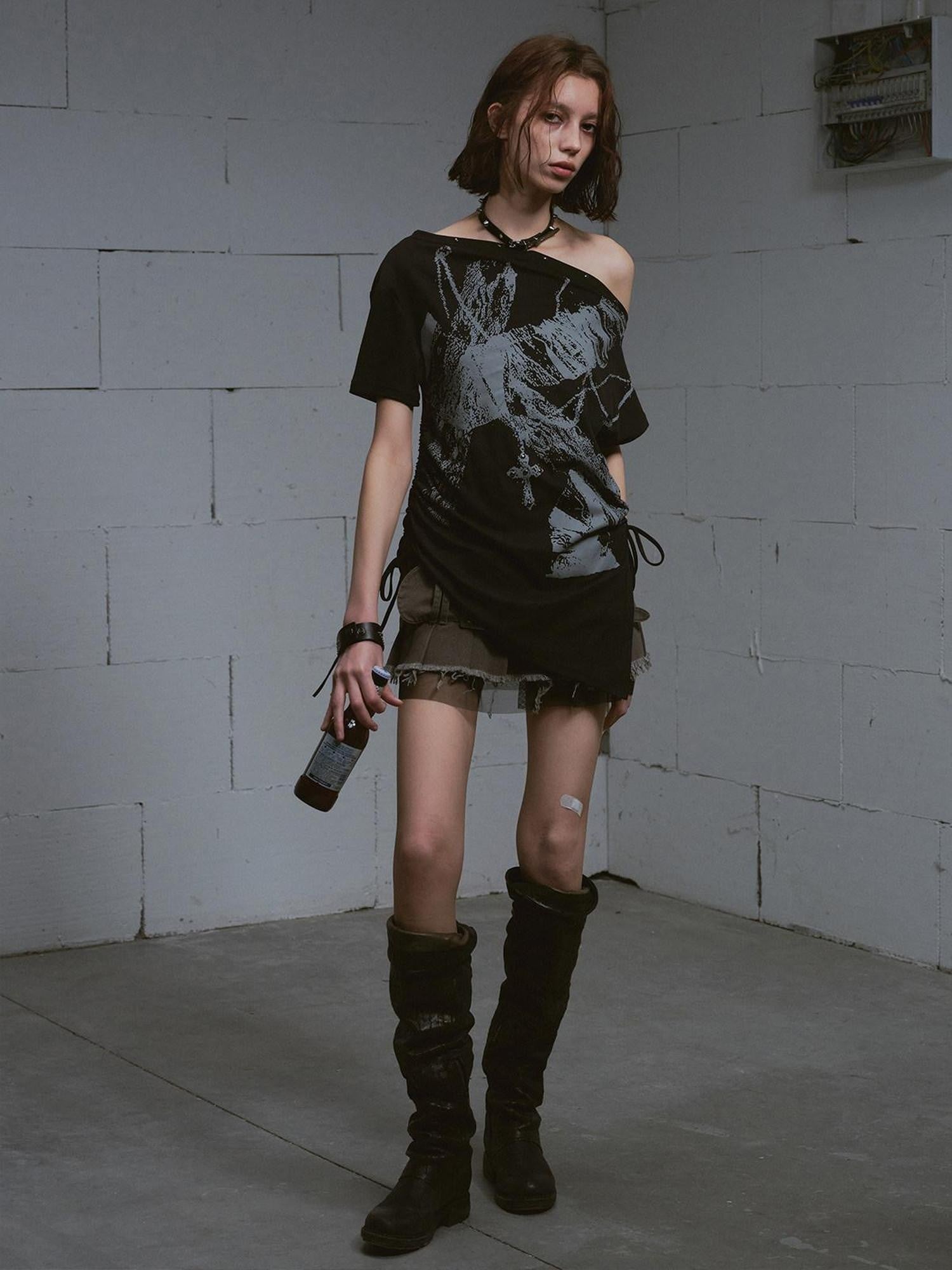 Cest Nous Graffiti Asymmetric Tie One Shoulder Women&