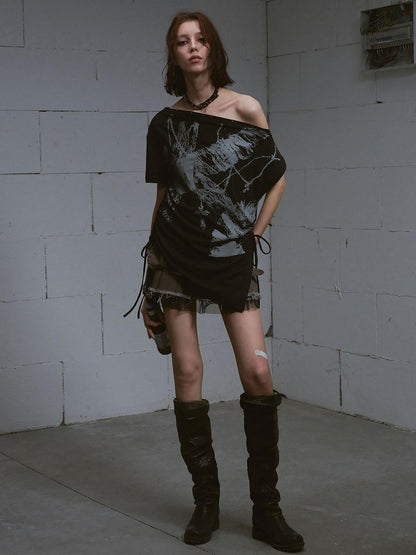 Cest Nous Graffiti Asymmetric Tie One Shoulder Women&