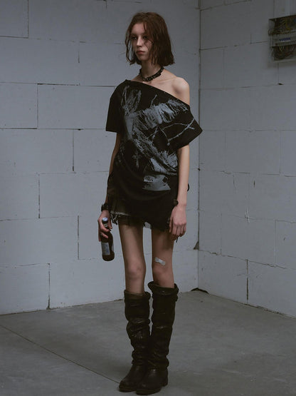 Cest Nous Graffiti Asymmetric Tie One Shoulder Women&