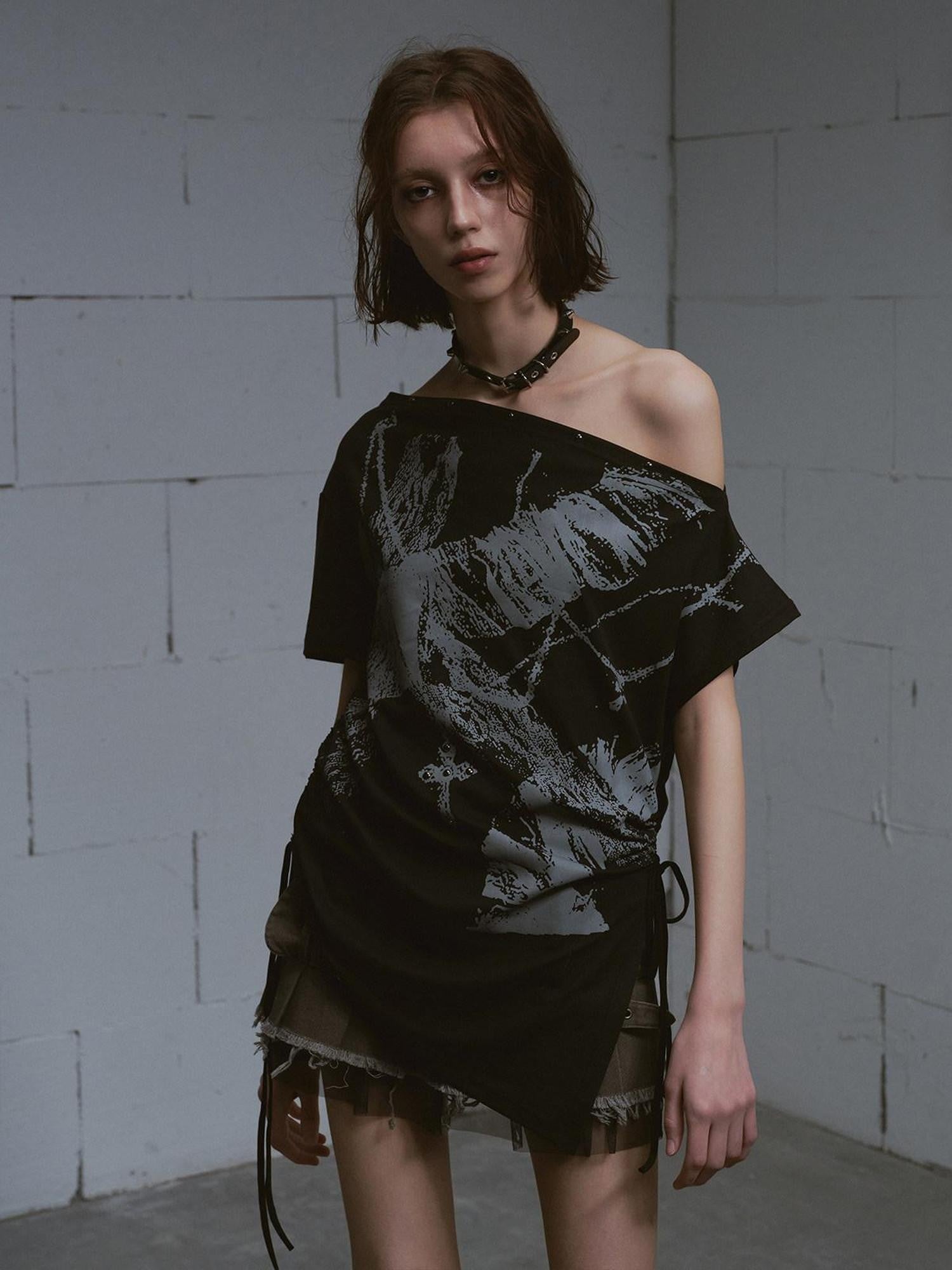 Cest Nous Graffiti Asymmetric Tie One Shoulder Women&