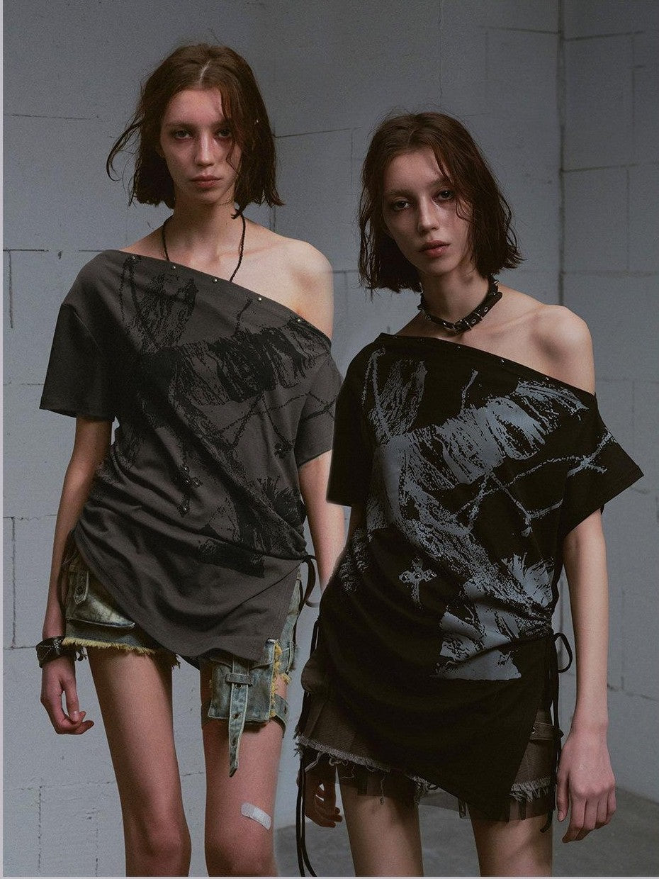Cest Nous Graffiti Asymmetric Tie One Shoulder Women&