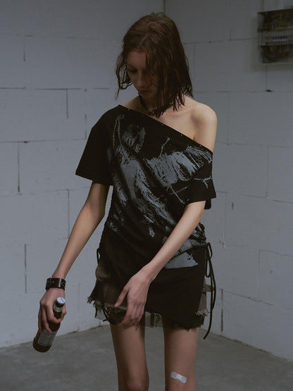 Cest Nous Graffiti Asymmetric Tie One Shoulder Women&