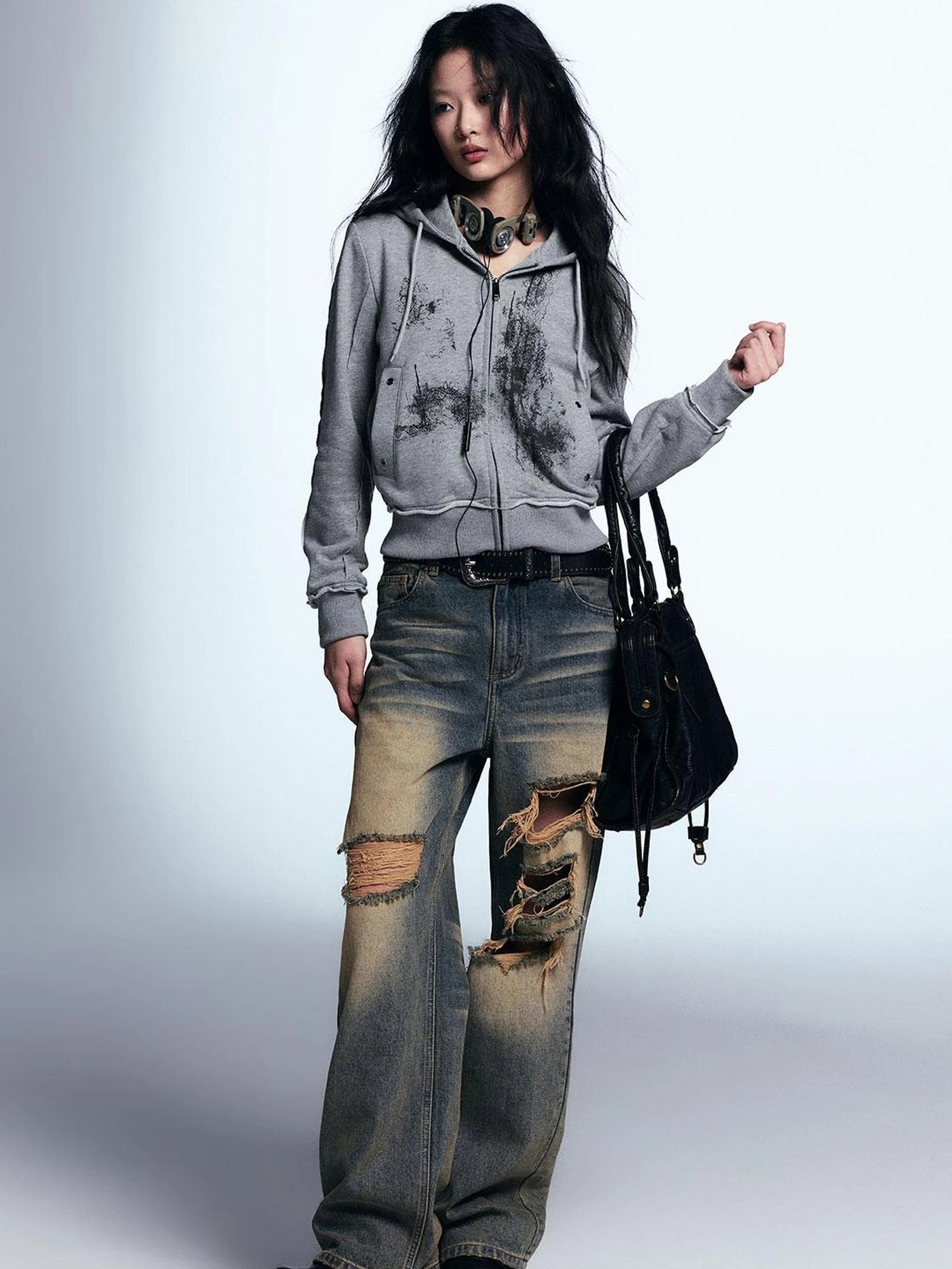 Graffiti Lace Print Knit Hoodie Shorts Set