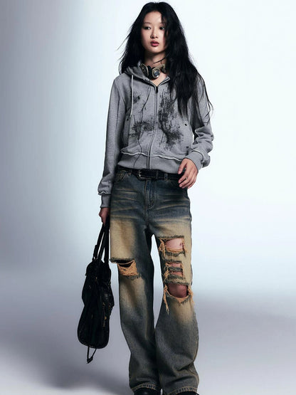 Graffiti Lace Print Knit Hoodie Shorts Set