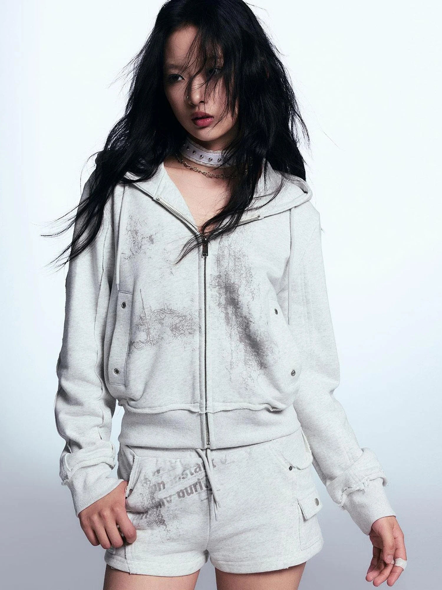 Graffiti Lace Print Knit Hoodie Shorts Set