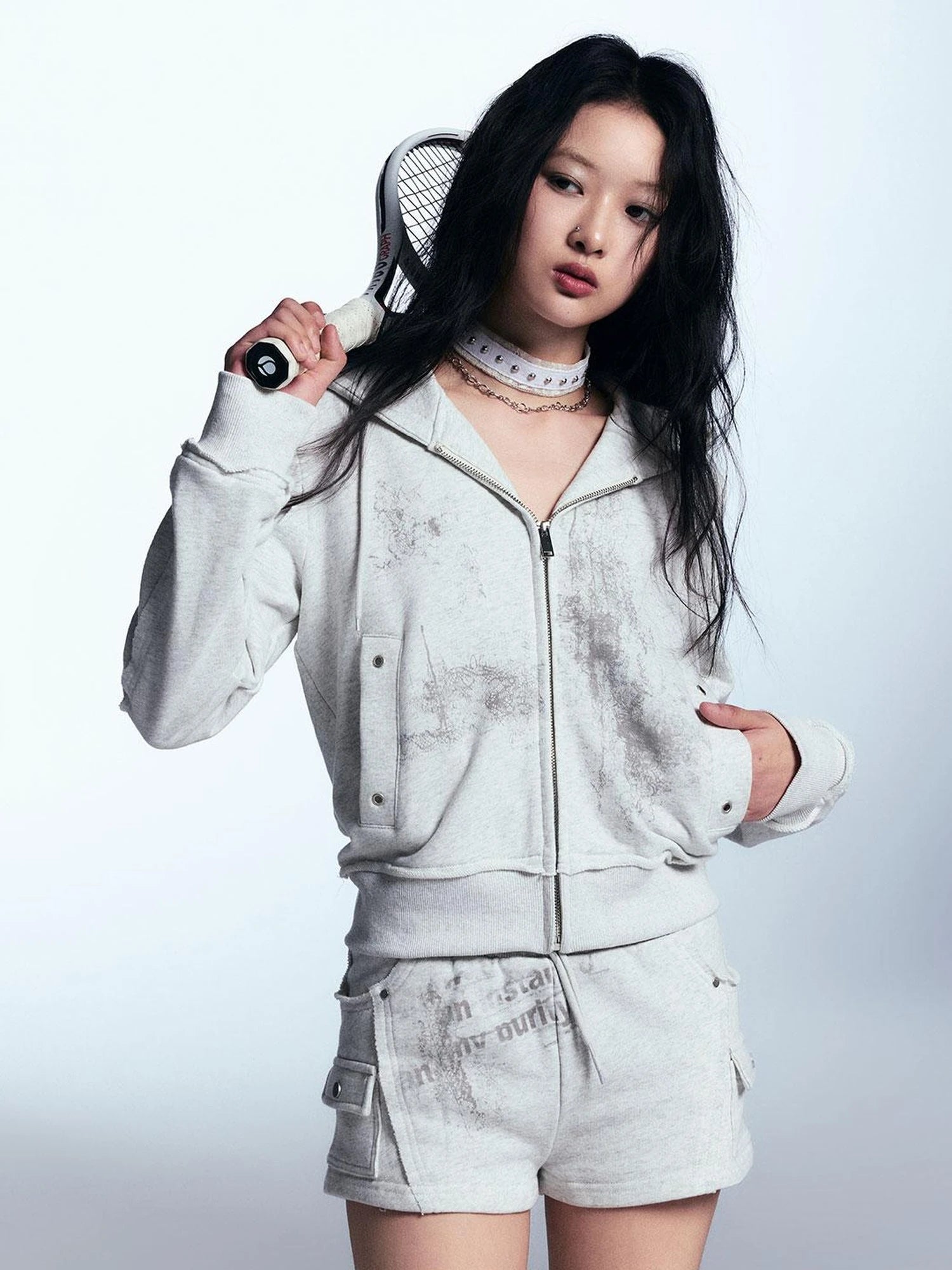 Graffiti Lace Print Knit Hoodie Shorts Set