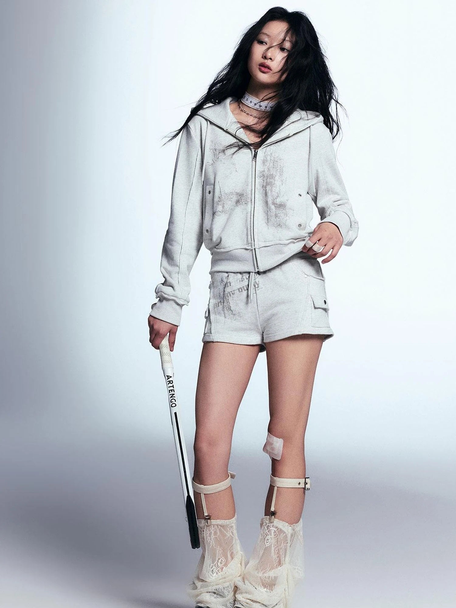 Graffiti Lace Print Knit Hoodie Shorts Set