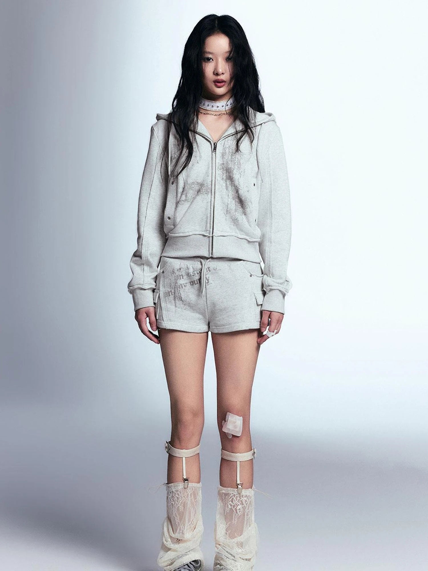 Graffiti Lace Print Knit Hoodie Shorts Set