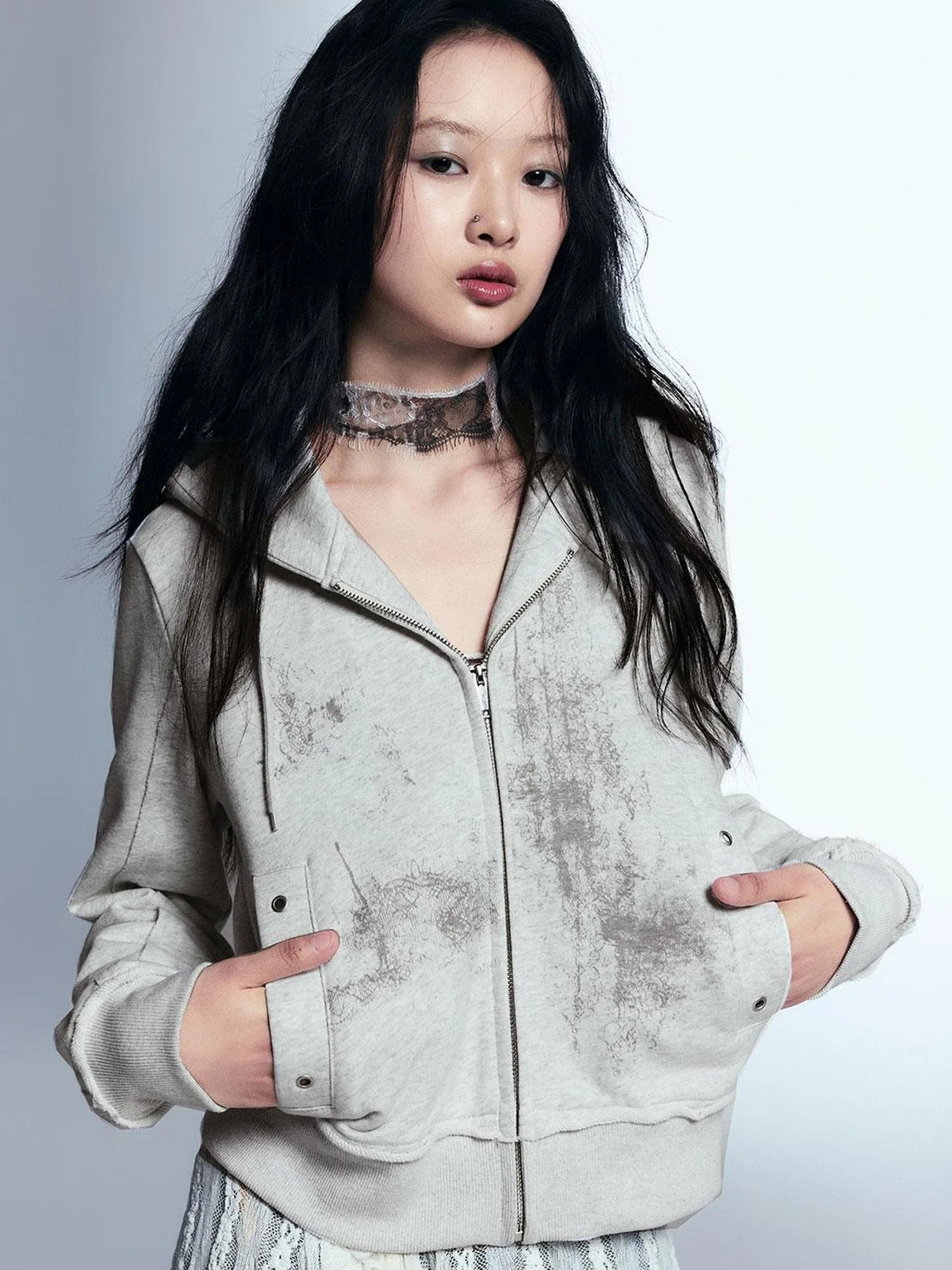 Graffiti Lace Print Knit Hoodie Shorts Set