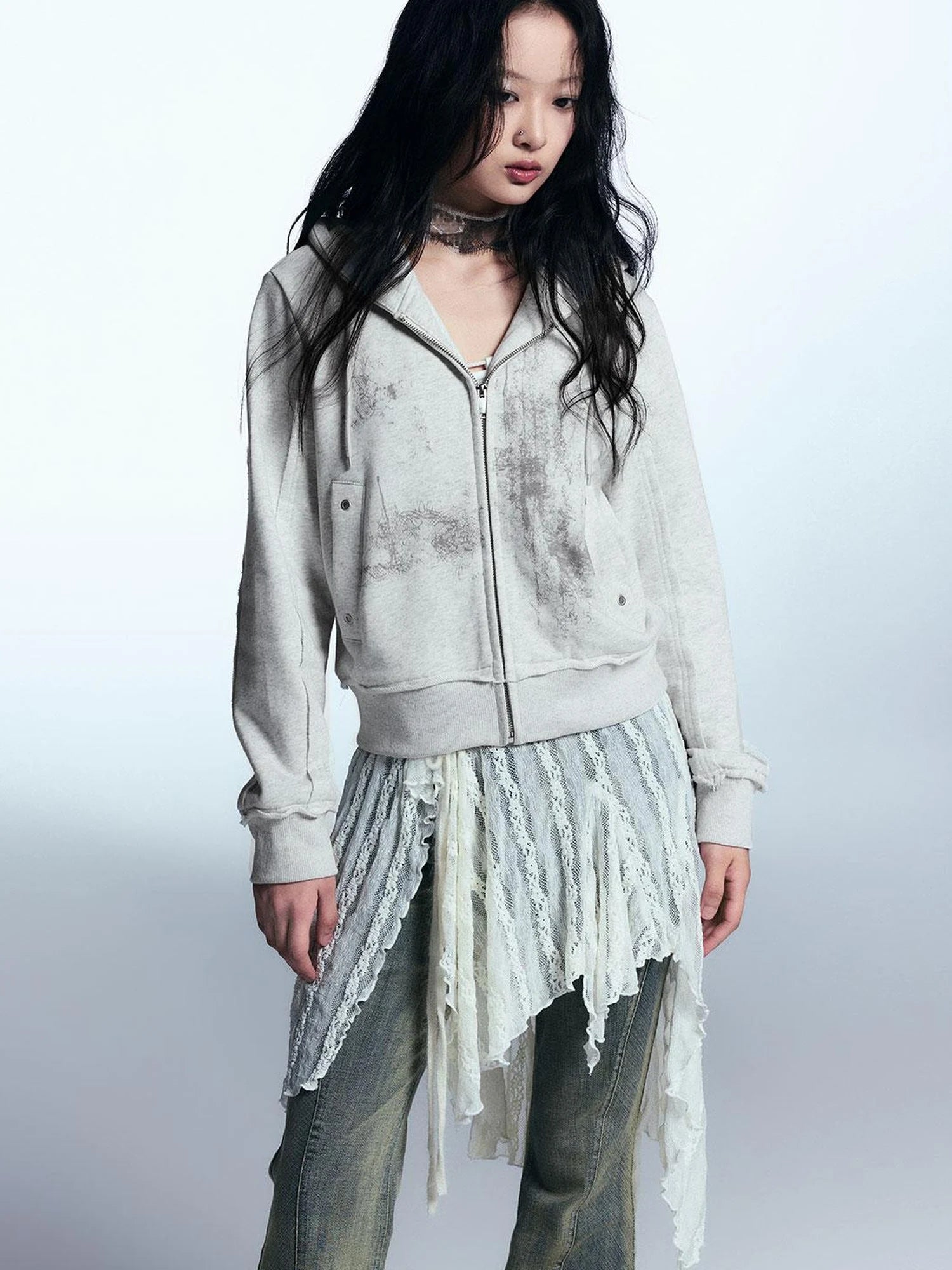 Graffiti Lace Print Knit Hoodie Shorts Set