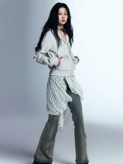 Graffiti Lace Print Knit Hoodie Shorts Set