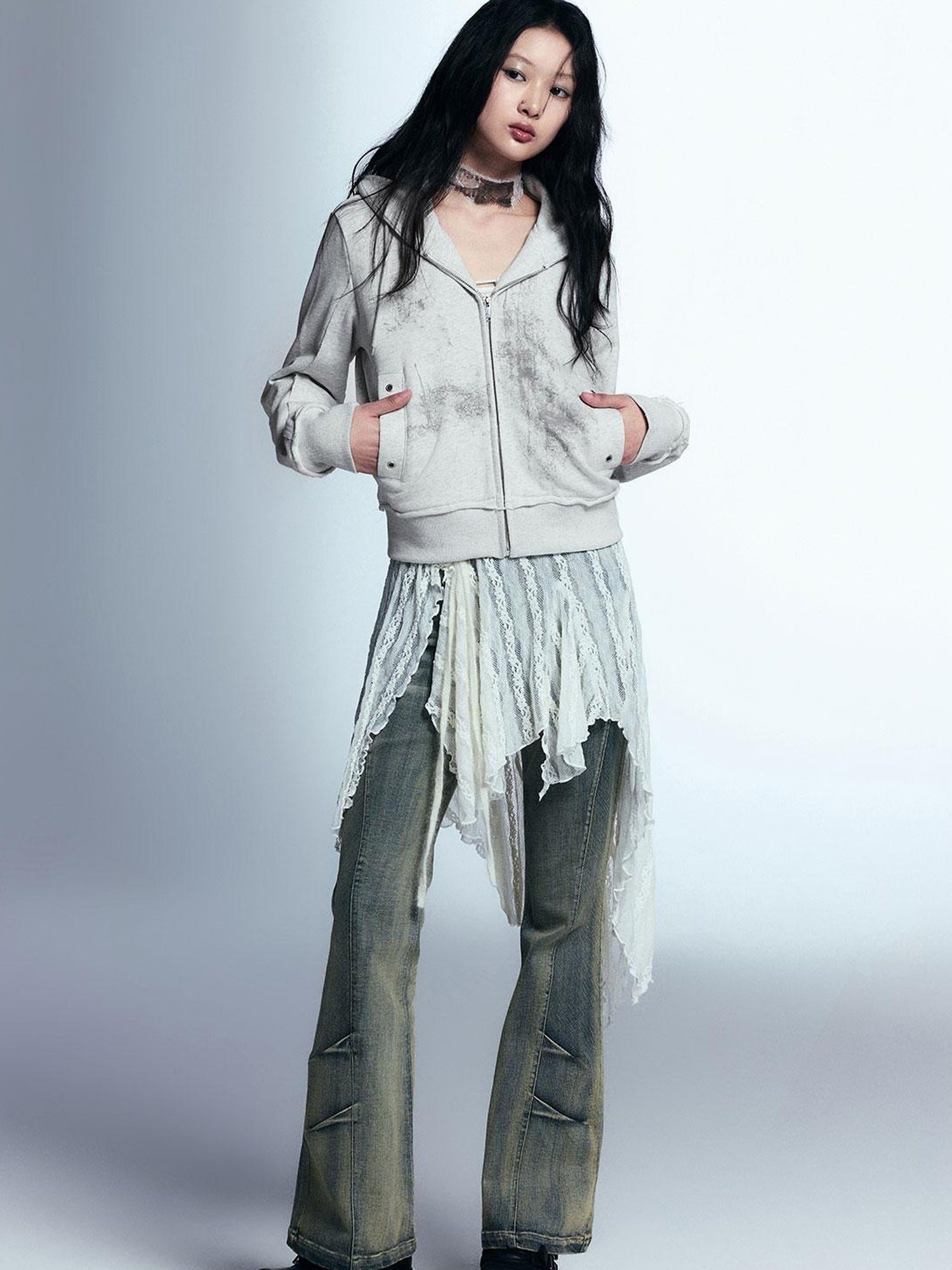 Cest Nous Graffiti Lace Print Knit Hoodie Shorts Set
