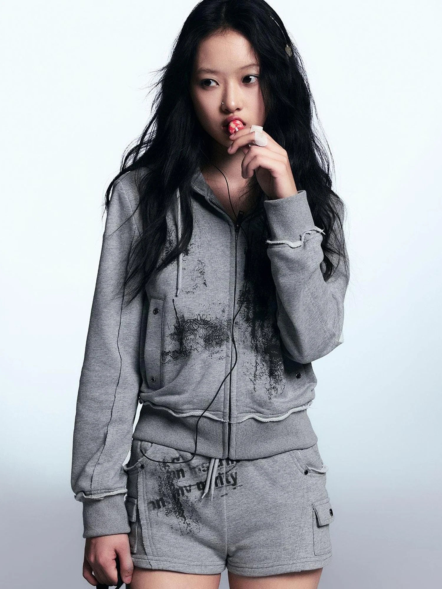 Graffiti Lace Print Knit Hoodie Shorts Set