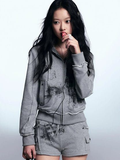 Graffiti Lace Print Knit Hoodie Shorts Set