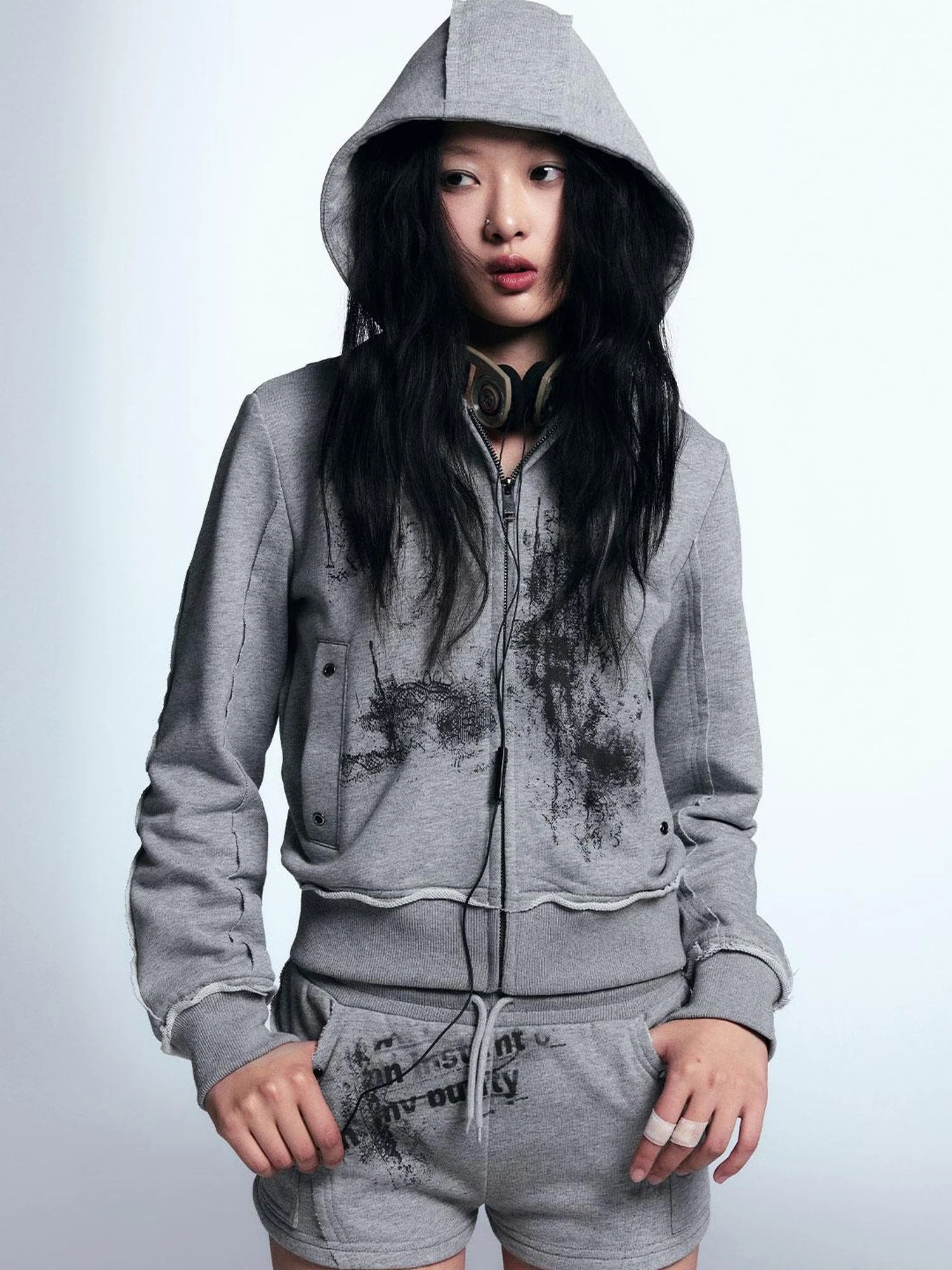 Graffiti Lace Print Knit Hoodie Shorts Set