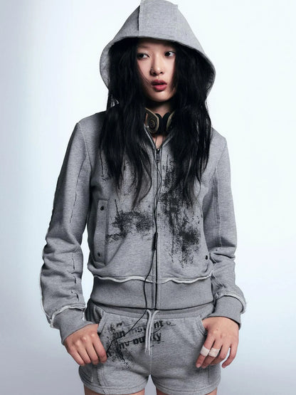 Graffiti Lace Print Knit Hoodie Shorts Set