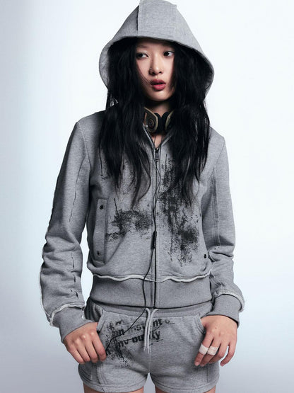 Cest Nous Graffiti Lace Print Knit Hoodie Shorts Set
