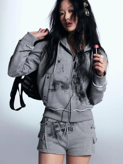 Graffiti Lace Print Knit Hoodie Shorts Set